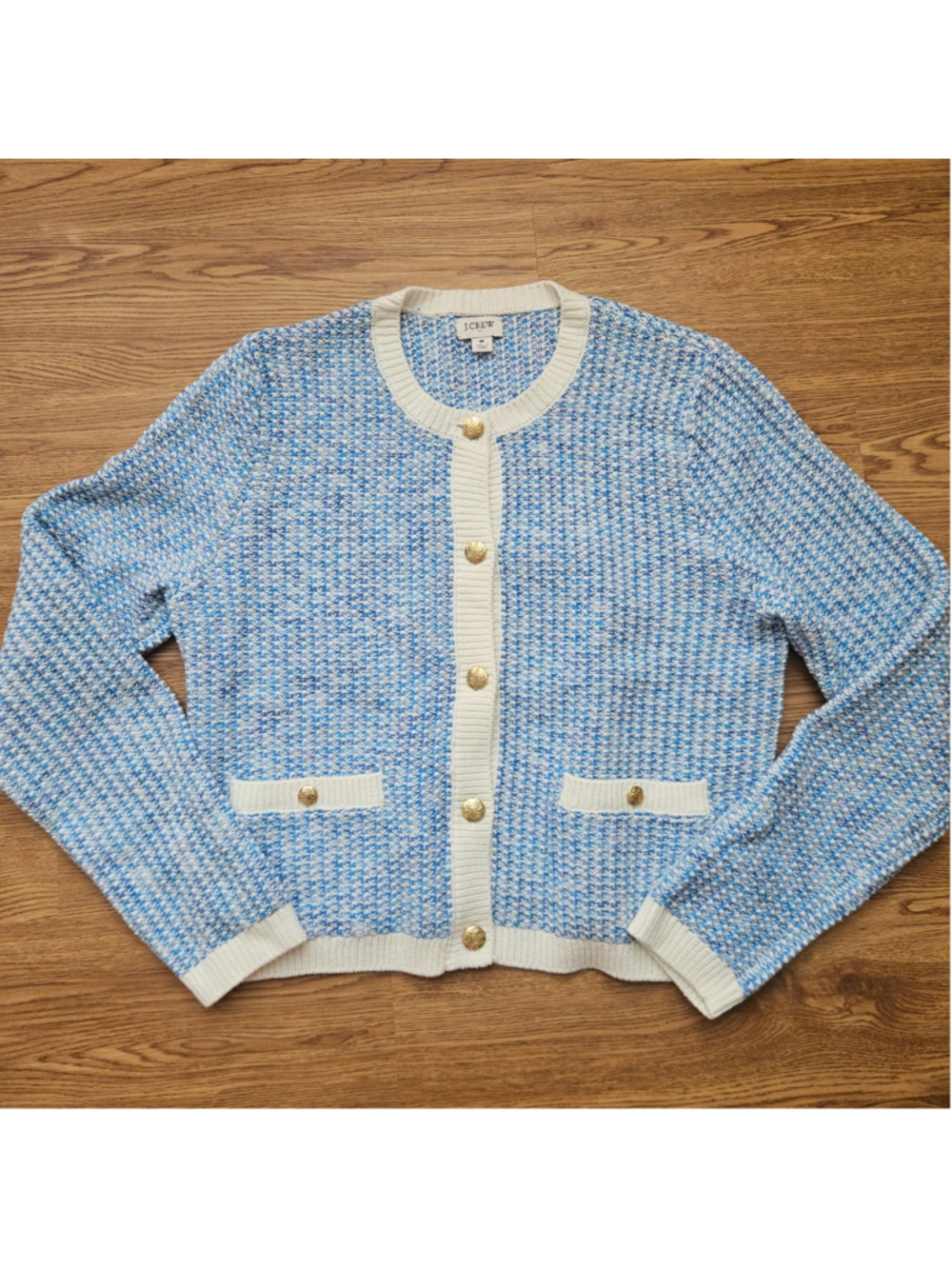 J. Crew Popcorn Stitch Lady Jacket Cardigan Old Money Blue White Gold Button